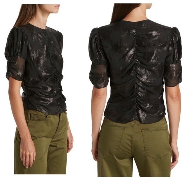 FRAME DENIM Ruched Metallic Jacquard Ruched Puff Short Sleeve Keyhole Blouse Top - Picture 5 of 11